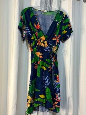 Navy Tropical Wrap Summer Dress with Green Floral Print Size Medium